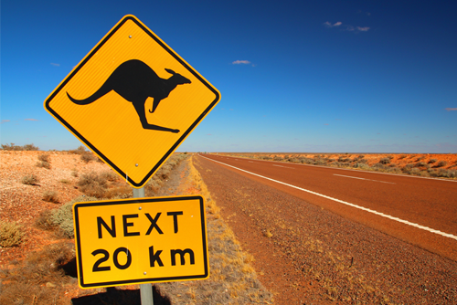 Kangaroo road sign with Australian landscape and road