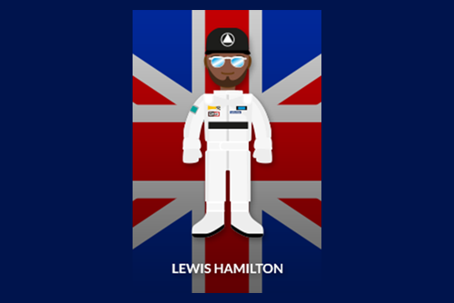 Lewis Hamilton illustrated character stood with a UK flag background