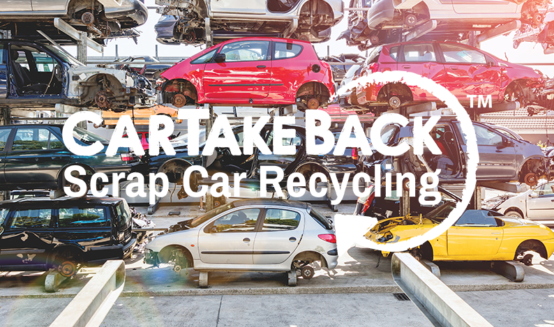 Photo of cars stacked for recycling with CarTakeBack logo overlaid