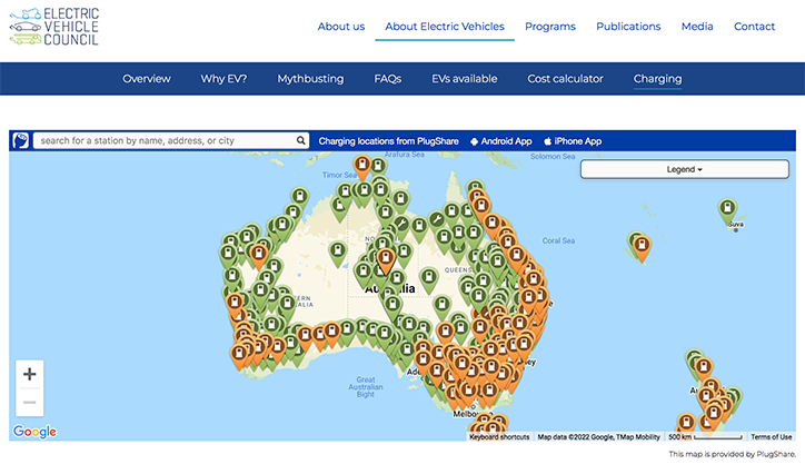 Map of Australia showing charging points for EVs