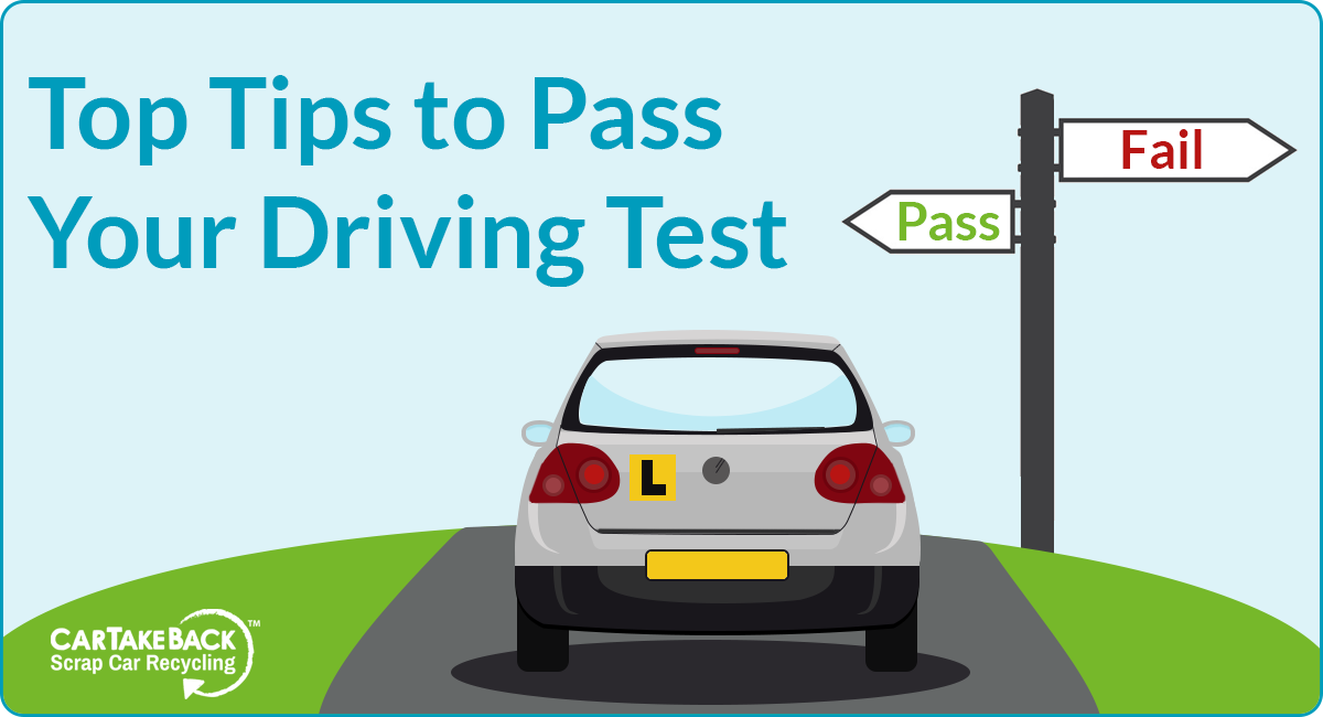 Top tips to pass your driving test - illustration of a car at a junction with road signs saying pass and fail