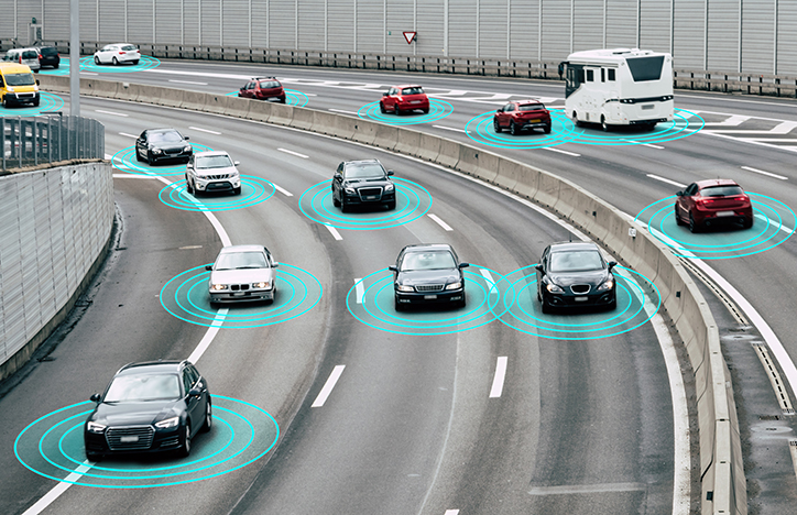 Illustration and photo of a autonomous self-driving cars driving on a highway. The cars are connected through wireless technology and artificial intelligence which enables them to drive on the road safely.