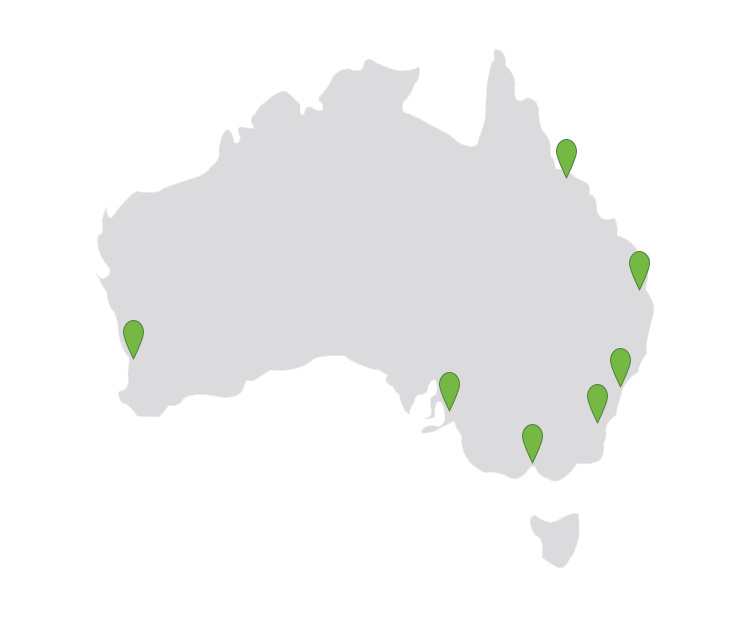 Grey map of Australia with green markers 