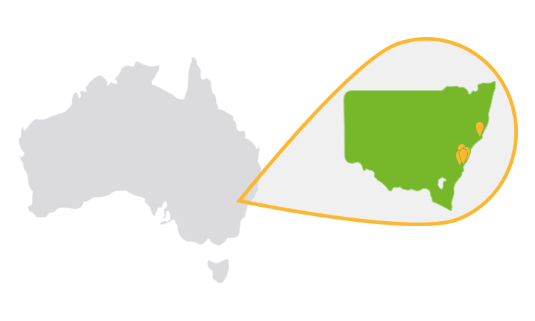 Australia map with NSW highlighted showing our wrecker locations