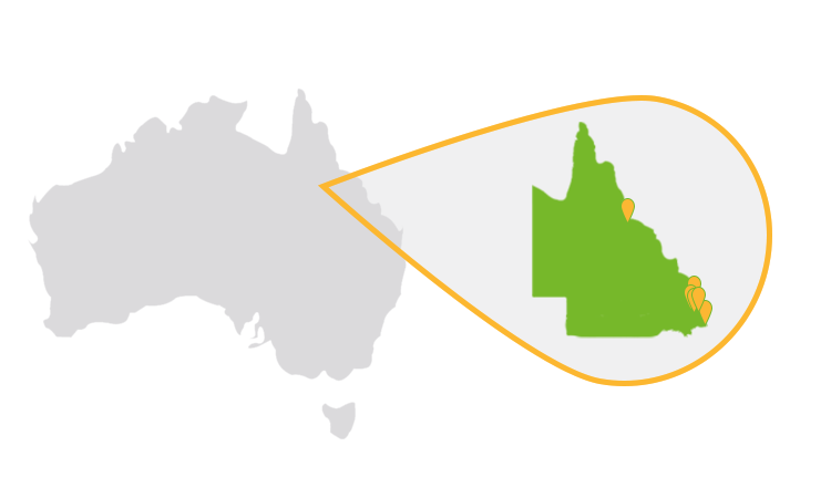 Australia map with Queensland highlighted showing our wrecker locations