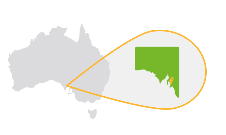 Australia map with South Australia highlighted showing our wrecker locations