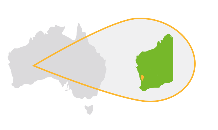 Australia map with WA highlighted showing our wrecker locations
