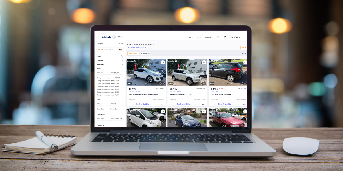 Car sales website on laptop screen