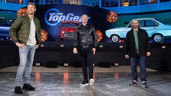 Presenters Freddie Flintoff, Paddy McGuinness, Chris Harris on the set of Top Gear